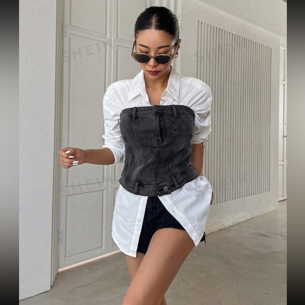 Solid Button Front Tube Denim Top Without White B… - image 4